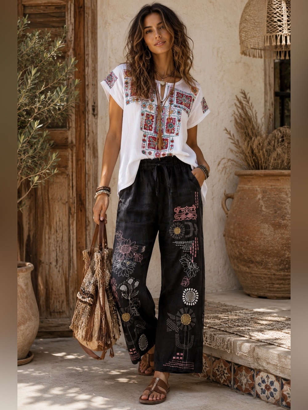 Johnny Was Biya XXS Linen Embroidered Pants Black Boho Floral Drawstring